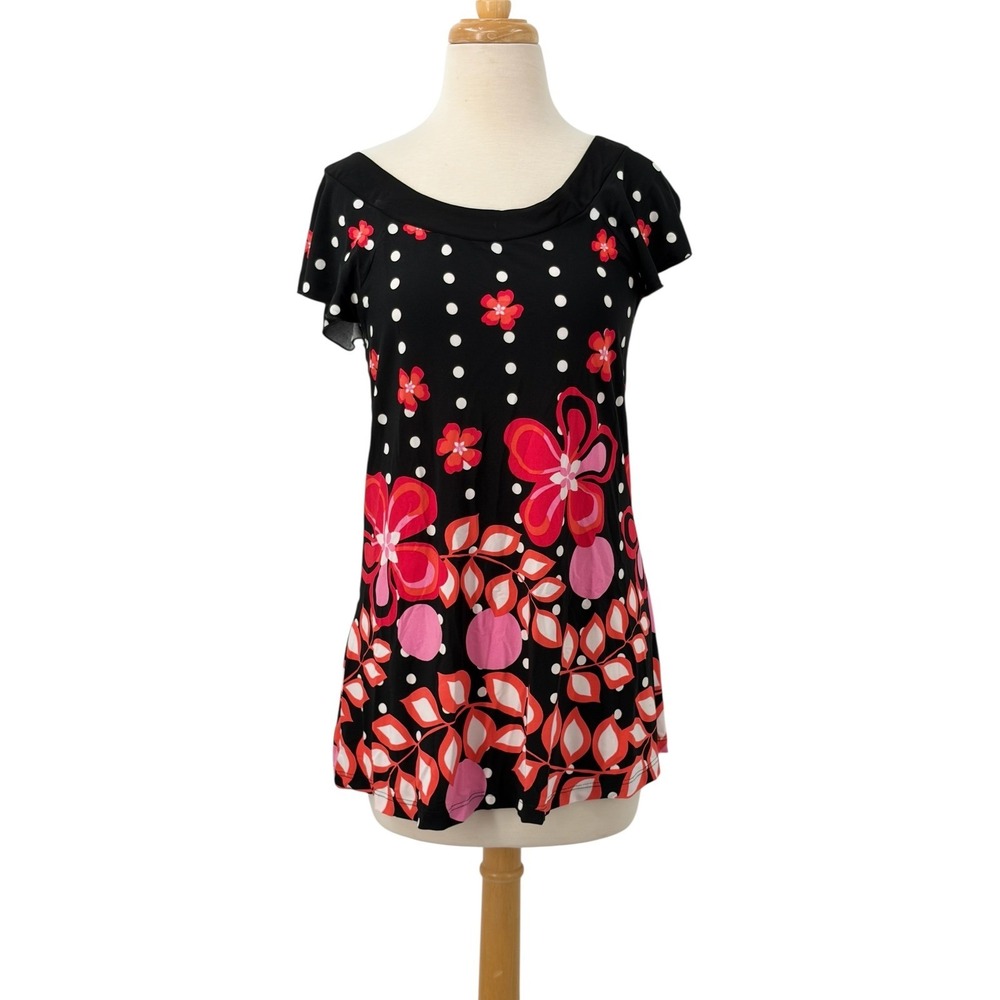 B Sport Maternity Top Black Pink Polka Dot Floral Short Sleeve Tunic Top Size M